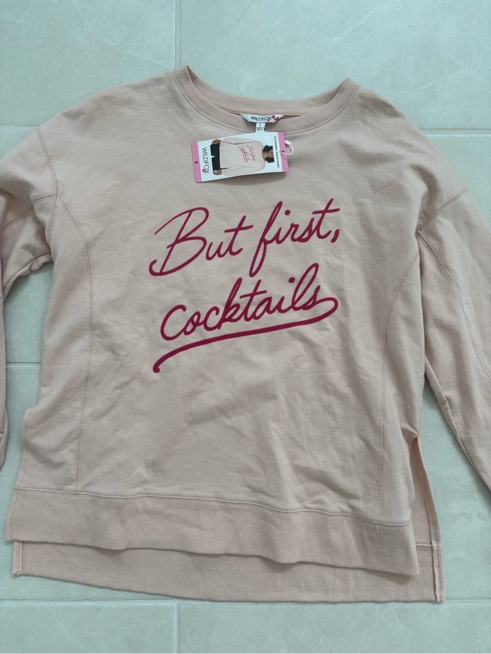 Wildfox "But First, Cocktails" Pink Scoop Neck Sweater